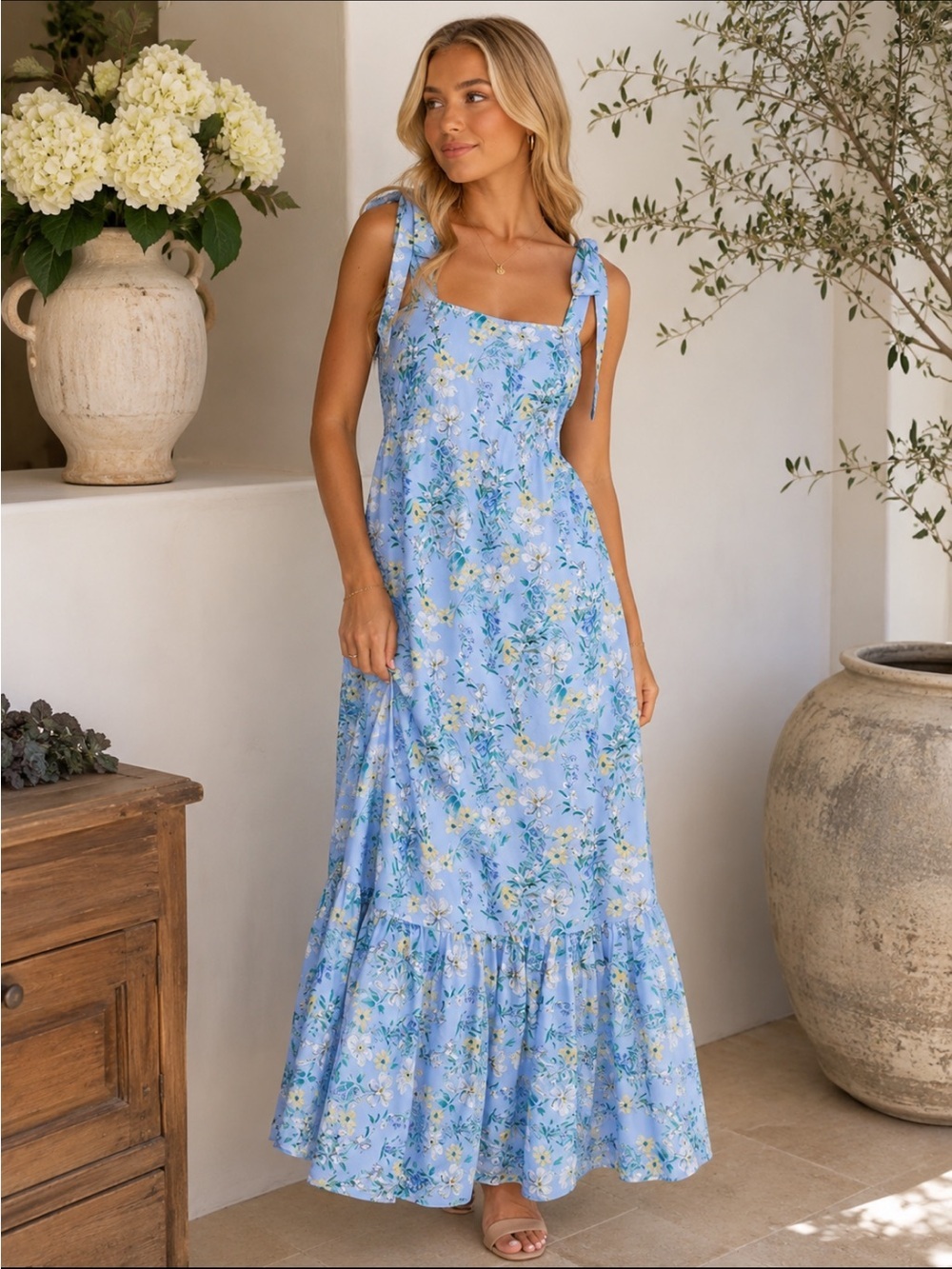 Yumi Kim Rosette Blue Floral Tie Strap Maxi Dress Garden Party 8079